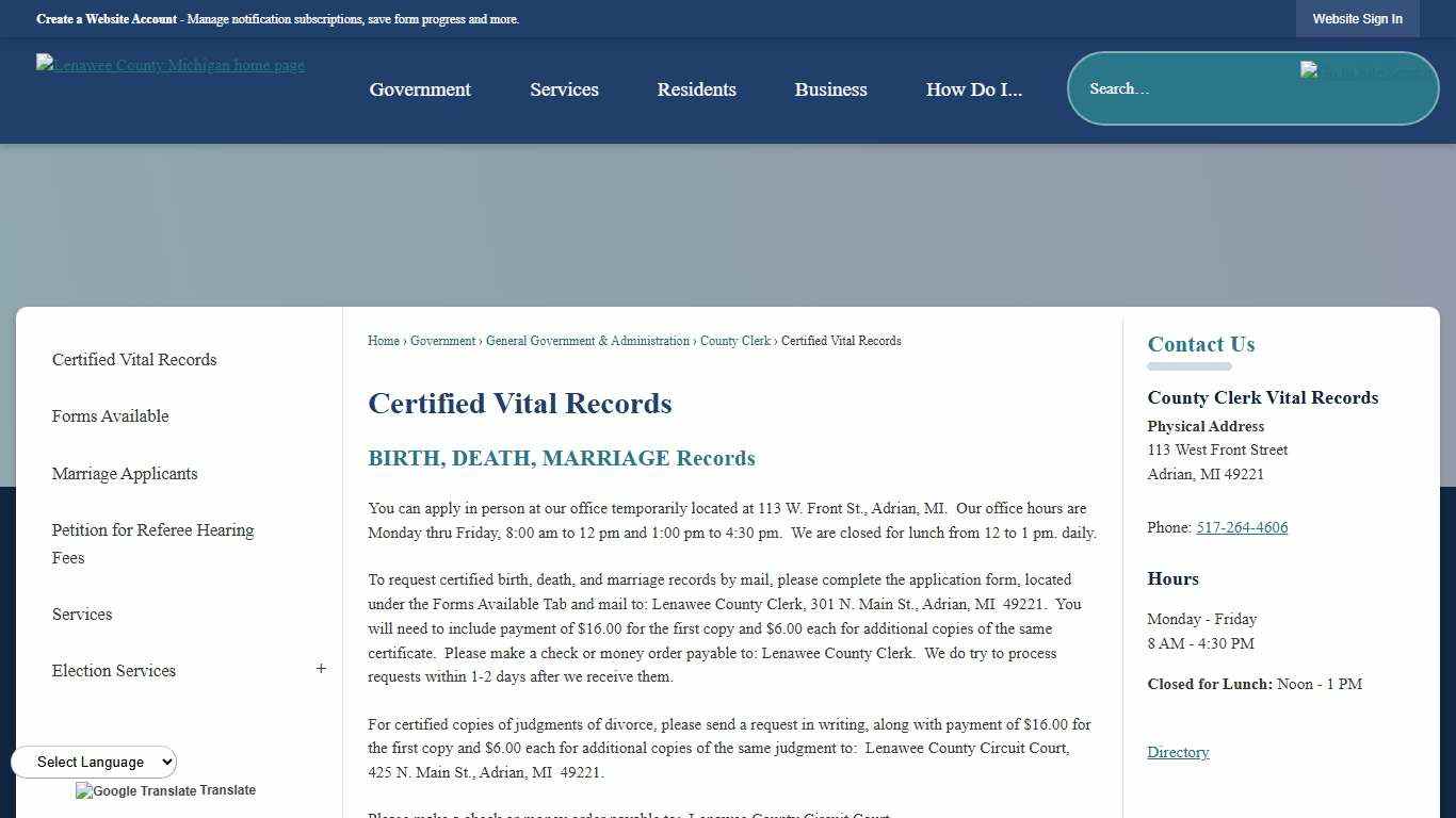 Certified Vital Records | Lenawee County, MI
